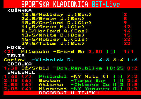 469.1 SPORTSKA KLADIONICA BET-Live KOARKA 1,55 Dinamo Z -Zabok (1) -:- 32:12 1,60 Final Ge -Fenerb (1) -:- 24:14 HOKEJ (3) H Nizoz -Norveka 4,80 0:0 0:0 (2) Slovacka -Ceka 1,80 0:3 1:3 (2) Trinec -Pardubic 2,50 2:0 2:0 (1) Pelicans -Tappara 2,40 -:- 1:0 TENIS Jubb P -  Peliwo F. 6:3 -:- 6:6 7-6 Dellie  - Harris B. 26 63 -- 2:3 40-0 Perruzz -Dodig M. 3:6 -:- 0:3 Jec Wa  - Schnaitter 46 64 -- 3:7 0-0 Andrad -  Gomez F. -:- -:- 3:4 0-0 SNOOKER 2,50 Maguire -Murphy S. 3:2 FUTSAL (2) Uzbekist -Iran 11,0 2:1 3 : 3 DOGAAJI U TIJEKU