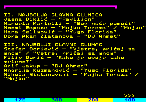 181.3 II. NAJBOLJA GLAVNA GLUMICA Jasna Dikli� �  Paviljon Manuela Martelli �  Bog ne�e pomo�i Noomi Rapace �  Majka Tereza     Majka Hana Selimovi� �  Yugo Florida Dora Akan Zlatanova �  DJ Ahmet III. NAJBOLJI GLAVNI GLUMAC Stefan �or�evi� �  Vjetre, pri�aj sa mnom     Vetre, pri�aj sa mnom Filip �uri� �  Kako je ovdje tako zeleno? Arif Jakup �  DJ Ahmet Andrija Kuzmanovi� �  Yugo Florida Nikola Ristanovski �  Majka Tereza    Majka    