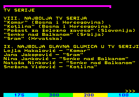 181.6 TV SERIJE VIII. NAJBOLJA TV SERIJA  Komar  (Bosna i Hercegovina)  Kotlina  (Bosna i Hercegovina)  Po�ast za �elezno zaveso  (Slovenija)  Senke nad Balkanom  (Srbija)  Sram  (Hrvatska) IX. NAJBOLJA GLAVNA GLUMICA U TV SERIJI Lejla Hakalovi� �  Komar Jana Jakopovi� �  Sram Nina Jankovi� �  Senke nad Balkanom Nata�a Ninkovi� �  Senke nad Balkanom Sne�ana Vidovi� �  Kotlina    
