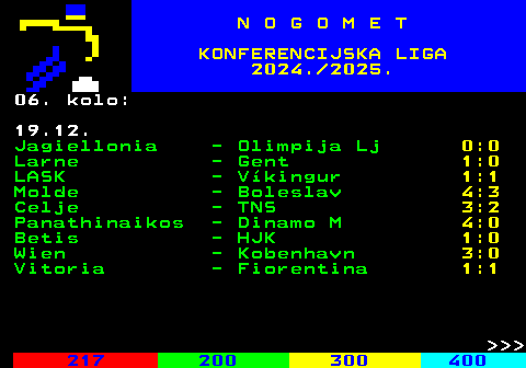 217.2 N O G O M E T KONFERENCIJSKA LIGA 2024. 2025. 06. kolo: 19.12. Jagiellonia - Olimpija Lj 0:0 Larne - Gent 1:0 LASK - Vkingur 1:1 Molde - Boleslav 4:3 Celje - TNS 3:2 Panathinaikos - Dinamo M 4:0 Betis - HJK 1:0 Wien - Kobenhavn 3:0 Vitoria - Fiorentina 1:1    