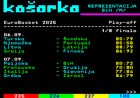 224.4 REPREZENTACIJA BiH  M EuroBasket 2025 Play-off -------------------------------------- 1 8 finala 06.09. Turska - vedska 85:79 Njemaka - Portugal 85:58 Litva - Latvija 88:79 Srbija - Finska 86:92 07.09. Poljska - BiH 80:72 Francuska - Gruzija 70:80 Italija - Slovenija 77:84 Grka - Izrael 84:79    