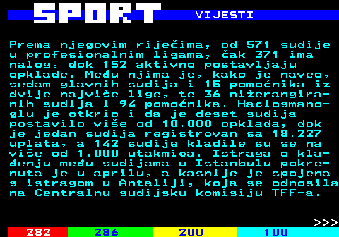 289.3 VIJESTI Prema njegovim rijeima, od 571 sudije u profesionalnim ligama, ak 371 ima nalog, dok 152 aktivno postavljaju opklade. Meu njima je, kako je naveo, sedam glavnih sudija i 15 pomonika iz dvije najvie lige, te 36 nierangira- nih sudija i 94 pomonika. Haciosmano- glu je otkrio i da je deset sudija postavilo vie od 10.000 opklada, dok je jedan sudija registrovan sa 18.227 uplata, a 142 sudije kladile su se na vie od 1.000 utakmica. Istraga o kla- enju meu sudijama u Istanbulu pokre- nuta je u aprilu, a kasnije je spojena s istragom u Antaliji, koja se odnosila na Centralnu sudijsku komisiju TFF-a.    