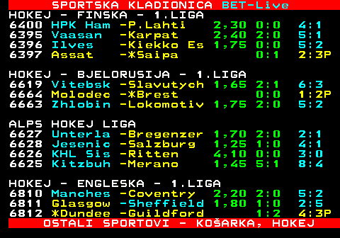 468.22 SPORTSKA KLADIONICA BET-Live HOKEJ - FINSKA - 1.LIGA 6400 HPK Ham -P.Lahti 2,30 0:0 4:1 6395 Vaasan -Karpat 2,40 2:0 5:1 6396 Ilves -Kiekko Es 1,75 0:0 5:2 6397 Assat -*Saipa 0:1 2:3P HOKEJ - BJELORUSIJA - 1.LIGA 6619 Vitebsk -Slavutych 1,65 2:1 6:3 6664 Molodec -*Brest 0:0 1:2P 6663 Zhlobin -Lokomotiv 1,75 2:0 5:2 ALPS HOKEJ LIGA 6627 Unterla -Bregenzer 1,70 2:0 2:1 6628 Jesenic -Salzburg 1,25 1:0 4:1 6626 KHL Sis -Ritten 4,10 0:0 3:0 6625 Kitzbuh -Merano 1,45 5:1 8:4 HOKEJ - ENGLESKA - 1.LIGA 6810 Manches -Coventry 2,20 2:0 5:2 6811 Glasgow -Sheffield 1,80 1:0 2:5 6812 *Dundee -Guildford 1:2 4:3P OSTALI SPORTOVI - KOARKA, HOKEJ