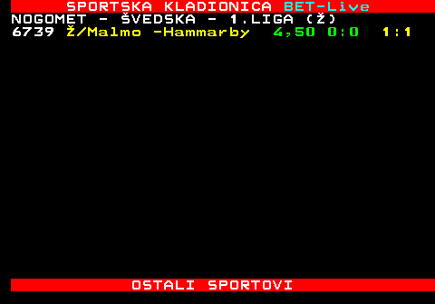 473.29 SPORTSKA KLADIONICA BET-Live NOGOMET - VEDSKA - 1.LIGA () 6739  Malmo -Hammarby 4,50 0:0 1:1 OSTALI SPORTOVI