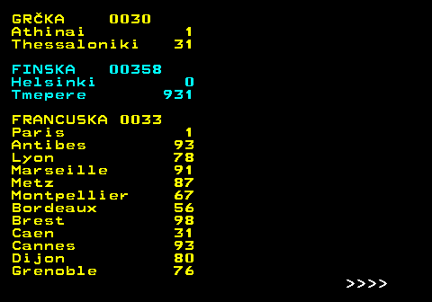 477.3 GRKA 0030 Athinai 1 Thessaloniki 31 FINSKA 00358 Helsinki 0 Tmepere 931 FRANCUSKA 0033 Paris 1 Antibes 93 Lyon 78 Marseille 91 Metz 87 Montpellier 67 Bordeaux 56 Brest 98 Caen 31 Cannes 93 Dijon 80 Grenoble 76     