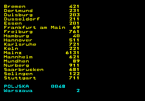 477.8 Bremen 421 Dortmund 231 Duisburg 203 Dusseldorf 211 Essen 201 Frankfurt am Main 69 Freiburg 761 Hamburg 40 Hannover 511 Karlsruhe 721 Koln 221 Mainz 6131 Mannheim 621 Mundhen 89 Nurberg 911 Saarbrucken 681 Solingen 122 Stuttgart 711 POLJSKA 0048 Warszawa 2