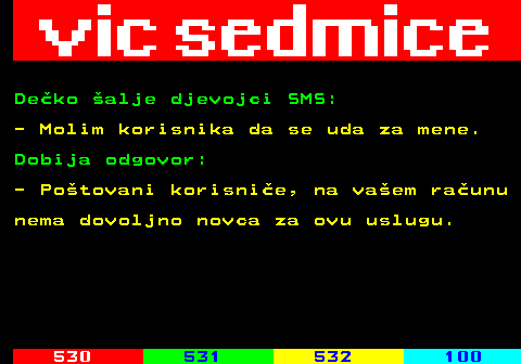 529.27 Deko alje djevojci SMS: - Molim korisnika da se uda za mene. Dobija odgovor: - Potovani korisnie, na vaem raunu nema dovoljno novca za ovu uslugu.