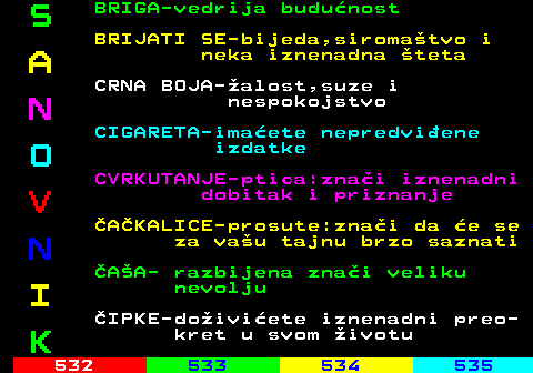 531.3 S BRIGA-vedrija budunost BRIJATI SE-bijeda,siromatvo i A neka iznenadna teta CRNA BOJA-alost,suze i N nespokojstvo CIGARETA-imaete nepredviene O izdatke CVRKUTANJE-ptica:znai iznenadni V dobitak i priznanje AKALICE-prosute:znai da e se N za vau tajnu brzo saznati AA- razbijena znai veliku I nevolju IPKE-doiviete iznenadni preo- K kret u svom ivotu