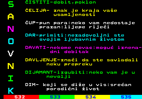 531.4 S ISTITI-dobit,poklon ELIJA- znak je kraja vae A usamljenosti UP-pun para:neko vam nedostaje N prazan:lijepe rijei DAR-primiti:nezadovoljni ste O svojim ljubavnim ivotom DAVATI-nekome novac:mogu iznena- V dni dobitak DAVLJENJE-znai da ste savladali N neku prepreku DIJAMANT-izgubiti:neko vam je u I nevolji DIM- koji se die u vis:srean K porodini ivot