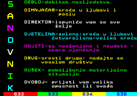 531.5 S DEBLO-dobitak nasljedstva DIMNJAAR-srea u ljubavi i A poslu DIREKTOR-ispunie vam se sve N elje DJETELINA-zelena:srea u ljubavi O etverolisna-velika srea DOJITI-za neoenjene i neudate - V skoro vjenanje DRUG-sresti druga: nadajte se N veselom drutvu DUEK- poboljanje materijalne I situacije DVOBOJ- prijeti vam velika K opasnost ili svaa