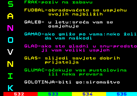 531.8 S FRAK-poziv na zabavu FUDBAL-obradovaete se uspjehu A svojih najbliih GALEB- u letu:srea vam se N osmjehuje GAMAD-ako gmie po vama:neko eli O da vam nakodi GLAD-ako ste gladni u snu-predsto V ji vam veliki uspjeh GLAS- slijedi savjete dobrih N prijatelja GLUMAC-oekuje vas pustolovina I ili neka prevara GOLOTINJA-biti go:siromatvo K