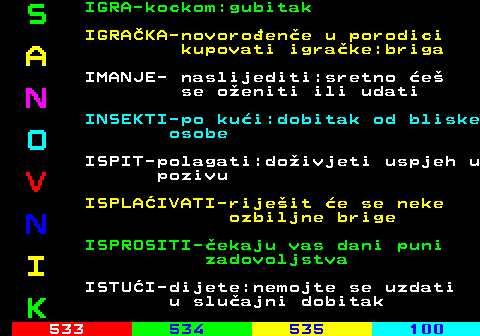 532.2 S IGRA-kockom:gubitak IGRAKA-novoroene u porodici A kupovati igrake:briga IMANJE- naslijediti:sretno e N se oeniti ili udati INSEKTI-po kui:dobitak od bliske O osobe ISPIT-polagati:doivjeti uspjeh u V pozivu ISPLAIVATI-rijeit e se neke N ozbiljne brige ISPROSITI-ekaju vas dani puni I zadovoljstva ISTUI-dijete:nemojte se uzdati K u sluajni dobitak