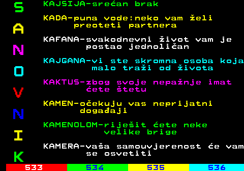 532.5 S KAJSIJA-srean brak KADA-puna vode:neko vam eli A preoteti partnera KAFANA-svakodnevni ivot vam je N postao jednolian KAJGANA-vi ste skromna osoba koja O malo trai od ivota KAKTUS-zbog svoje nepanje imat V ete tetu KAMEN-oekuju vas neprijatni N dogaaji KAMENOLOM-rijeit ete neke I velike brige KAMERA-vaa samouvjerenost e vam K se osvetiti