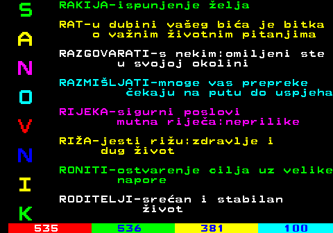 534.1 S RAKIJA-ispunjenje elja RAT-u dubini vaeg bia je bitka A o vanim ivotnim pitanjima RAZGOVARATI-s nekim:omiljeni ste N u svojoj okolini RAZMILJATI-mnoge vas prepreke O ekaju na putu do uspjeha RIJEKA-sigurni poslovi V mutna rijea:neprilike RIA-jesti riu:zdravlje i N dug ivot RONITI-ostvarenje cilja uz velike I napore RODITELJI-srean i stabilan K ivot