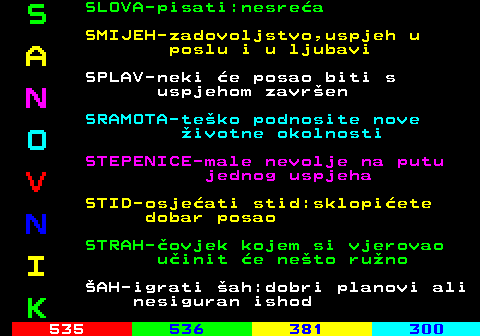 534.4 S SLOVA-pisati:nesrea SMIJEH-zadovoljstvo,uspjeh u A poslu i u ljubavi SPLAV-neki e posao biti s N uspjehom zavren SRAMOTA-teko podnosite nove O ivotne okolnosti STEPENICE-male nevolje na putu V jednog uspjeha STID-osjeati stid:sklopiete N dobar posao STRAH-ovjek kojem si vjerovao I uinit e neto runo AH-igrati ah:dobri planovi ali K nesiguran ishod