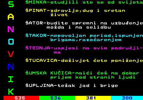 534.6 S MINKA-otudjili ste se od svijeta PINAT-zdravlje,dug i sretan A ivot ATOR-budite spremni na uzbuenje N moda i na selidbu TAKOR-nepovoljan period,ispunjen O brigama,razoarenjem TEDNJA-uspjesi na svim podruji- V ma TUCAVICA-doivjet ete ponienje N UMSKA KUICA-naii e na dobar I prijem kod stranih ljudi UPLJINA-teak jad i brige K