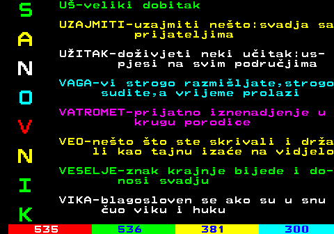 534.10 S U-veliki dobitak UZAJMITI-uzajmiti neto:svadja sa A prijateljima UITAK-doivjeti neki uitak:us- N pjesi na svim podrujima VAGA-vi strogo razmiljate,strogo O sudite,a vrijeme prolazi VATROMET-prijatno iznenadjenje u V krugu porodice VEO-neto to ste skrivali i dra N li kao tajnu izae na vidjelo VESELJE-znak krajnje bijede i do- I nosi svadju VIKA-blagosloven se ako su u snu K uo viku i huku