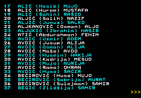 594.2 17 ALI (Hasib) MUJO 18 ALI (Hurem) MUSTAFA 19 ALI (ahin) RAID 20 ALJI (Salih) NAZIF 21 ALJI (Junuz) SALKO 22 ALJKANOVI (Osman) ALJO 23 ALJUKI (Ibrahim) HASIB 24 ATI (Abdurahman) FEHIM 25 AVDI (Uzeir) ADEM 26 AVDI (Jusup) ALIJA 27 AVDI (Osman) ALIJA 28 AVDI (Mao) AVDO 29 AVDI (Husein) HAKIJA 30 AVDI (Kadrija) MESUD 31 AVDI (Mujo) NURIJA 32 AVDI (Ramo) OHRAN 33 AVDI (Huso) AIR 34 BEIROVI (Huso) MUJO 35 BEIROVI (Sabrija) MURAT 36 BEIROVI (Sulejman) SAMIR 37 BEGI (Zildija) SAMIR    