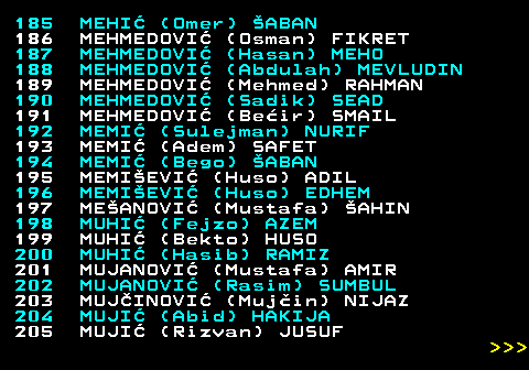 594.10 185 MEHI (Omer) ABAN 186 MEHMEDOVI (Osman) FIKRET 187 MEHMEDOVI (Hasan) MEHO 188 MEHMEDOVI (Abdulah) MEVLUDIN 189 MEHMEDOVI (Mehmed) RAHMAN 190 MEHMEDOVI (Sadik) SEAD 191 MEHMEDOVI (Beir) SMAIL 192 MEMI (Sulejman) NURIF 193 MEMI (Adem) SAFET 194 MEMI (Bego) ABAN 195 MEMIEVI (Huso) ADIL 196 MEMIEVI (Huso) EDHEM 197 MEANOVI (Mustafa) AHIN 198 MUHI (Fejzo) AZEM 199 MUHI (Bekto) HUSO 200 MUHI (Hasib) RAMIZ 201 MUJANOVI (Mustafa) AMIR 202 MUJANOVI (Rasim) SUMBUL 203 MUJINOVI (Mujin) NIJAZ 204 MUJI (Abid) HAKIJA 205 MUJI (Rizvan) JUSUF    