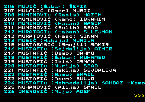 594.11 206 MUJI (aban) EFIK 207 MULALI (Omer) MURIZ 208 MUMINOVI (Rasim) HAZIM 209 MUMINOVI (Ramo) IBRAHIM 210 MUMINOVI (Hasan) RASIM 211 MUMINOVI (Salih) SEAD 212 MURATAGI (aban) SULEJMAN 213 MURATOVI (Haso) SINAN 214 MUSI (Hakija) NURIJA 215 MUSTABAI (Smajil) SAMIR 216 MUSTAFI (Sejdalija) AZMIR 217 MUSTAFI (Osmo) DAHMO 218 MUSTAFI (aban) MUHAMED 219 MUSTAFI (Ibi) OSMAN 220 MUSTAFI (Nurija) SEAD 221 MUSTAFI (Hakija) SEJDALIJA 222 MUSTAFI (Ramo) SMAIL 223 MUSTAFI (Adem) SULJO 224 MUSTAFI (Mehmedalija) AHBAZ -Kemo 225 NUHANOVI (Alija) SMAIL 226 OMEROVI (Mujo) ADEM    