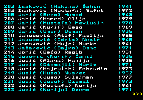 595.11 203 Isakovi (Hakija) ahin 1941 204 Isakovi (Mustafa) Safet 1972 205 Jahi (Bego) Hamed 1948 206 Jahi (Hamed) Alija 1979 207 Jahi (Mustafa) Mevludin 1978 208 Jahi (Nurif) Bego 1969 209 Jahi (Omer) Osman 1935 210 Jakubovi (Atif) Fazlija 1955 211 Jakubovi (Idriz) Nezir 1945 212 Jamakovi (Mujo) Nurko 1941 213 Jaarevi (Bajro) Osmo 1971 214 Johi (Beo) Ragib 1951 215 Jugovi (Nurif) amil 1935 216 Jusi (Alaga) Hakija 1935 217 Jusi (Demajil) Muriz 1971 218 Jusi (Hajrulah) Fahrudin 1973 219 Jusi (Huso) Nusret 1952 220 Jusi (Juso) Sulejman 1977 221 Jusi (Jusuf) Demal 1973 222 Jusi (Mustafa) Nurija 1941 223 Jusi (Nurija) Demo 1971    