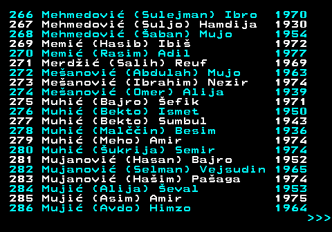 595.14 266 Mehmedovi (Sulejman) Ibro 1970 267 Mehmedovi (Suljo) Hamdija 1930 268 Mehmedovi (aban) Mujo 1954 269 Memi (Hasib) Ibi 1972 270 Memi (Rasim) Adil 1977 271 Merdi (Salih) Reuf 1969 272 Meanovi (Abdulah) Mujo 1963 273 Meanovi (Ibrahim) Nezir 1974 274 Meanovi (Omer) Alija 1939 275 Muhi (Bajro) efik 1971 276 Muhi (Bekto) Ismet 1950 277 Muhi (Bekto) Sumbul 1943 278 Muhi (Malin) Besim 1936 279 Muhi (Meho) Amir 1974 280 Muhi (ukrija) Semir 1974 281 Mujanovi (Hasan) Bajro 1952 282 Mujanovi (Selman) Vejsudin 1965 283 Mujanovi (Haim) Paaga 1974 284 Muji (Alija) eval 1953 285 Muji (Asim) Amir 1975 286 Muji (Avdo) Himzo 1964    