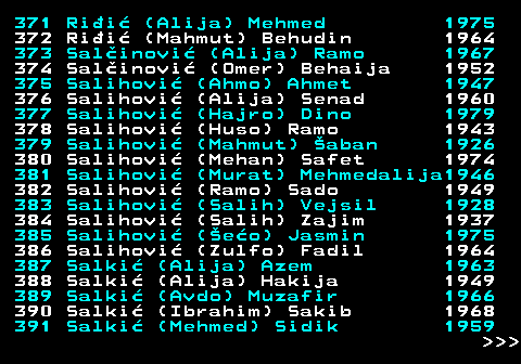 595.19 371 Rii (Alija) Mehmed 1975 372 Rii (Mahmut) Behudin 1964 373 Salinovi (Alija) Ramo 1967 374 Salinovi (Omer) Behaija 1952 375 Salihovi (Ahmo) Ahmet 1947 376 Salihovi (Alija) Senad 1960 377 Salihovi (Hajro) Dino 1979 378 Salihovi (Huso) Ramo 1943 379 Salihovi (Mahmut) aban 1926 380 Salihovi (Mehan) Safet 1974 381 Salihovi (Murat) Mehmedalija1946 382 Salihovi (Ramo) Sado 1949 383 Salihovi (Salih) Vejsil 1928 384 Salihovi (Salih) Zajim 1937 385 Salihovi (eo) Jasmin 1975 386 Salihovi (Zulfo) Fadil 1964 387 Salki (Alija) Azem 1963 388 Salki (Alija) Hakija 1949 389 Salki (Avdo) Muzafir 1966 390 Salki (Ibrahim) Sakib 1968 391 Salki (Mehmed) Sidik 1959    