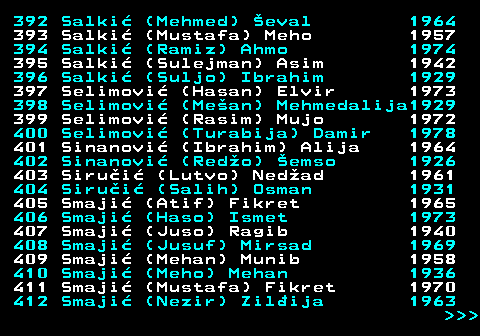 595.20 392 Salki (Mehmed) eval 1964 393 Salki (Mustafa) Meho 1957 394 Salki (Ramiz) Ahmo 1974 395 Salki (Sulejman) Asim 1942 396 Salki (Suljo) Ibrahim 1929 397 Selimovi (Hasan) Elvir 1973 398 Selimovi (Mean) Mehmedalija1929 399 Selimovi (Rasim) Mujo 1972 400 Selimovi (Turabija) Damir 1978 401 Sinanovi (Ibrahim) Alija 1964 402 Sinanovi (Redo) emso 1926 403 Sirui (Lutvo) Nedad 1961 404 Sirui (Salih) Osman 1931 405 Smaji (Atif) Fikret 1965 406 Smaji (Haso) Ismet 1973 407 Smaji (Juso) Ragib 1940 408 Smaji (Jusuf) Mirsad 1969 409 Smaji (Mehan) Munib 1958 410 Smaji (Meho) Mehan 1936 411 Smaji (Mustafa) Fikret 1970 412 Smaji (Nezir) Zilija 1963    