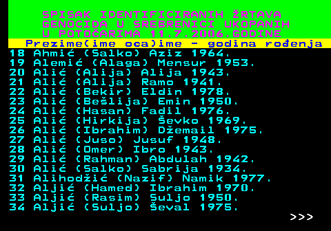 596.2 SPISAK IDENTIFICIRANIH RTAVA GENOCIDA U SREBRENICI UKOPANIH U POTOARIMA 11.7.2006.GODINE Prezime(ime oca)ime - godina roenja 18 Ahmi (Salko) Aziz 1964. 19 Alemi (Alaga) Mensur 1953. 20 Ali (Alija) Alija 1943. 21 Ali (Alija) Ramo 1941. 22 Ali (Bekir) Eldin 1978. 23 Ali (Belija) Emin 1950. 24 Ali (Hasan) Fadil 1976. 25 Ali (Hirkija) evko 1969. 26 Ali (Ibrahim) Demail 1975. 27 Ali (Juso) Jusuf 1948. 28 Ali (Omer) Ibro 1943. 29 Ali (Rahman) Abdulah 1942. 30 Ali (Salko) Sabrija 1934. 31 Alihodi (Nazif) Namik 1977. 32 Alji (Hamed) Ibrahim 1970. 33 Alji (Rasim) Suljo 1950. 34 Alji (Suljo) eval 1975.    