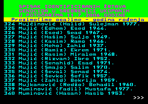 596.20 SPISAK IDENTIFICIRANIH RTAVA GENOCIDA U SREBRENICI UKOPANIH U POTOARIMA 11.7.2006.GODINE Prezime(ime oca)ime - godina roenja 324 Mujinovi (Halid) Sulejman 1977. 325 Muji (Edhem) Esed 1944. 326 Muji (Esed) Sead 1967. 327 Muji (Haim) Suljo 1949. 328 Muji (Kasim) Ramo 1946. 329 Muji (Meho) Zahid 1937. 330 Muji (Ramiz) Ekrem 1971. 331 Muji (Rasim) Miralem 1948. 332 Muji (Rizvan) Ibro 1952. 333 Muji (Senahid) Esad 1971. 334 Muji (Smajo) Salim 1970. 335 Muji (eval) Senad 1974. 336 Muji (evko) efik 1957. 337 Muji (Zahid) Bekrija 1959. 338 Mujkanovi (Redo) Behadil 1960. 339 Muminovi (Fadil) Mustafa 1977. 340 Muminovi (Hasan) Hasib 1953.    