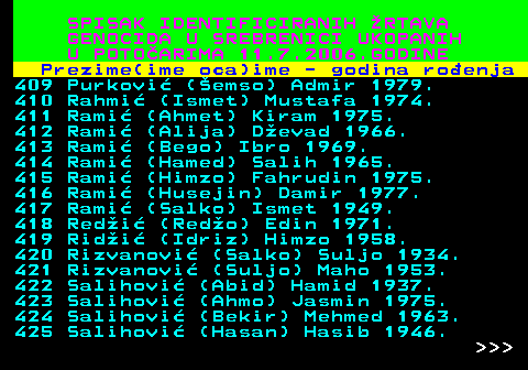 596.25 SPISAK IDENTIFICIRANIH RTAVA GENOCIDA U SREBRENICI UKOPANIH U POTOARIMA 11.7.2006.GODINE Prezime(ime oca)ime - godina roenja 409 Purkovi (emso) Admir 1979. 410 Rahmi (Ismet) Mustafa 1974. 411 Rami (Ahmet) Kiram 1975. 412 Rami (Alija) Devad 1966. 413 Rami (Bego) Ibro 1969. 414 Rami (Hamed) Salih 1965. 415 Rami (Himzo) Fahrudin 1975. 416 Rami (Husejin) Damir 1977. 417 Rami (Salko) Ismet 1949. 418 Redi (Redo) Edin 1971. 419 Ridi (Idriz) Himzo 1958. 420 Rizvanovi (Salko) Suljo 1934. 421 Rizvanovi (Suljo) Maho 1953. 422 Salihovi (Abid) Hamid 1937. 423 Salihovi (Ahmo) Jasmin 1975. 424 Salihovi (Bekir) Mehmed 1963. 425 Salihovi (Hasan) Hasib 1946.    