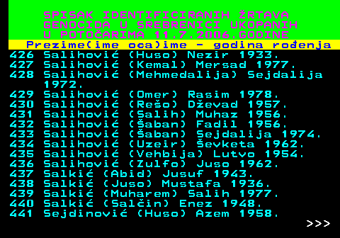 596.26 SPISAK IDENTIFICIRANIH RTAVA GENOCIDA U SREBRENICI UKOPANIH U POTOARIMA 11.7.2006.GODINE Prezime(ime oca)ime - godina roenja 426 Salihovi (Huso) Nezir 1933. 427 Salihovi (Kemal) Mersad 1977. 428 Salihovi (Mehmedalija) Sejdalija 1972. 429 Salihovi (Omer) Rasim 1978. 430 Salihovi (Reo) Devad 1957. 431 Salihovi (Salih) Muhaz 1956. 432 Salihovi (aban) Fadil 1956. 433 Salihovi (aban) Sejdalija 1974. 434 Salihovi (Uzeir) evketa 1962. 435 Salihovi (Vehbija) Lutvo 1954. 436 Salihovi (Zulfo) Juso 1962. 437 Salki (Abid) Jusuf 1943. 438 Salki (Juso) Mustafa 1936. 439 Salki (Muharem) Salih 1977. 440 Salki (Salin) Enez 1948. 441 Sejdinovi (Huso) Azem 1958.    