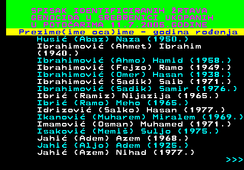 597.15 SPISAK IDENTIFICIRANIH RTAVA GENOCIDA U SREBRENICI UKOPANIH U POTOARIMA 11.7.2005.GODINE Prezime(ime oca)ime - godina roenja Husi (Abaz) Naza (1950.) Ibrahimovi (Ahmet) Ibrahim (1940.) Ibrahimovi (Ahmo) Hamid (1958.) Ibrahimovi (Fejzo) Ramo (1949.) Ibrahimovi (Omer) Hasan (1938.) Ibrahimovi (Sadik) Saib (1971.) Ibrahimovi (Sadik) Samir (1976.) Ibri (Ramiz) Nijazija (1965.) Ibri (Ramo) Meho (1965.) Idrizovi (Salko) Hasan (1977.) Ikanovi (Muharem) Miralem (1969.) Imamovi (Osman) Muhamed (1971.) Isakovi (Memi) Suljo (1975.) Jahi (Adem) Azem (1968.) Jahi (Aljo) Adem (1925.) Jahi (Azem) Nihad (1977.)    