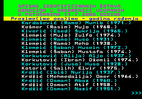 597.18 SPISAK IDENTIFICIRANIH RTAVA GENOCIDA U SREBRENICI UKOPANIH U POTOARIMA 11.7.2005.GODINE Prezime(ime oca)ime - godina roenja Kardaevi (Ramo) Munib (1971.) Kemer (Rasim) Mujo (1968.) Kiveri (Esed) ukrija (1965.) Klempi (Mujo) Zulfo (1974.) Klempi (Ramo) Huso (1931) Klempi (Ramo) Meho (1938.) Klempi (aban) Husein (1972.) Klempi (aban) Mustafa (1974.) Korkutovi (Alija) Aljo (1937.) Korkutovi (Ibran) Demil (1974.) Korkutovi (Juso) Huso (1928.) Kotori (Salih) Elvir (1975.) Krdi (Ibi) Nurija (1937.) Krdi (Mehmedalija) Omer (1964.) Krdi (Osman) Abaz (1960.) Krdi (Osman) Atif (1958.) Krdi (Osman) Nazif (1951.)    