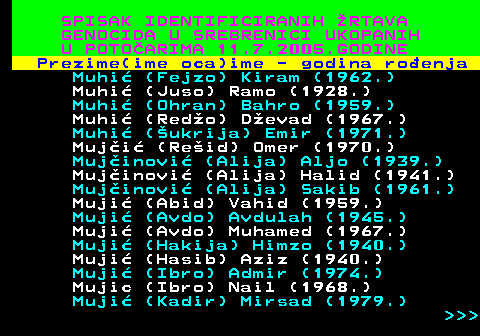 597.22 SPISAK IDENTIFICIRANIH RTAVA GENOCIDA U SREBRENICI UKOPANIH U POTOARIMA 11.7.2005.GODINE Prezime(ime oca)ime - godina roenja Muhi (Fejzo) Kiram (1962.) Muhi (Juso) Ramo (1928.) Muhi (Ohran) Bahro (1959.) Muhi (Redo) Devad (1967.) Muhi (ukrija) Emir (1971.) Muji (Reid) Omer (1970.) Mujinovi (Alija) Aljo (1939.) Mujinovi (Alija) Halid (1941.) Mujinovi (Alija) Sakib (1961.) Muji (Abid) Vahid (1959.) Muji (Avdo) Avdulah (1945.) Muji (Avdo) Muhamed (1967.) Muji (Hakija) Himzo (1940.) Muji (Hasib) Aziz (1940.) Muji (Ibro) Admir (1974.) Mujic (Ibro) Nail (1968.) Muji (Kadir) Mirsad (1979.)    