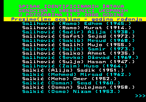 597.31 SPISAK IDENTIFICIRANIH RTAVA GENOCIDA U SREBRENICI UKOPANIH U POTOARIMA 11.7.2005.GODINE Prezime(ime oca)ime - godina roenja Salihovi (Ramo) Edhem (1945.) Salihovi (Ramo) Murat (1914.) Salihovi (air) Alija (1938.) Salihovi (Safet) Sejad (1972.) Salihovi (Sakib) Mesud (1968.) Salihovi (Salih) Mujo (1955.) Salihovi (Salih) Samir (1973.) Salihovi (Salko) Ahmet (1935.) Salihovi (evko) Devad (1969.) Salihovi (Suljo) Hasan (1947.) Salihovi (Zaim) Huso (1964.) Salki (Alija) Sadik (1951.) Salki (Mehmed) Mirsad (1962.) Salki (Meho) Omer (1952.) Salki (Osman) Sead (1960.) Salki (Osman) Sulejman (1958.) Salki (Osmo) Nizam (1953.)    