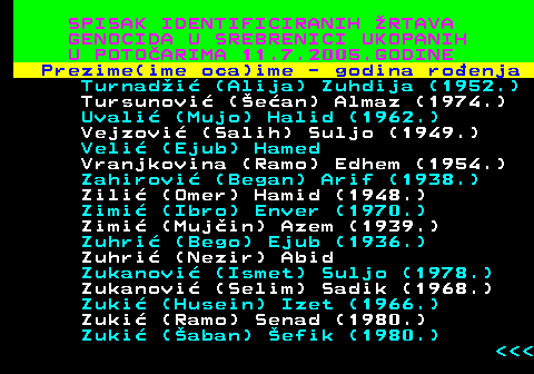 597.36 SPISAK IDENTIFICIRANIH RTAVA GENOCIDA U SREBRENICI UKOPANIH U POTOARIMA 11.7.2005.GODINE Prezime(ime oca)ime - godina roenja Turnadi (Alija) Zuhdija (1952.) Tursunovi (ean) Almaz (1974.) Uvali (Mujo) Halid (1962.) Vejzovi (Salih) Suljo (1949.) Veli (Ejub) Hamed Vranjkovina (Ramo) Edhem (1954.) Zahirovi (Began) Arif (1938.) Zili (Omer) Hamid (1948.) Zimi (Ibro) Enver (1970.) Zimi (Mujin) Azem (1939.) Zuhri (Bego) Ejub (1936.) Zuhri (Nezir) Abid Zukanovi (Ismet) Suljo (1978.) Zukanovi (Selim) Sadik (1968.) Zuki (Husein) Izet (1966.) Zuki (Ramo) Senad (1980.) Zuki (aban) efik (1980.)    