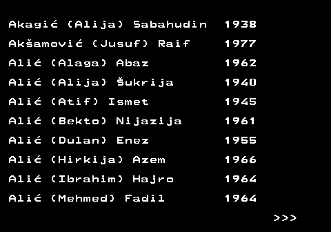 599.2 Akagi (Alija) Sabahudin 1938 Akamovi (Jusuf) Raif 1977 Ali (Alaga) Abaz 1962 Ali (Alija) ukrija 1940 Ali (Atif) Ismet 1945 Ali (Bekto) Nijazija 1961 Ali (Dulan) Enez 1955 Ali (Hirkija) Azem 1966 Ali (Ibrahim) Hajro 1964 Ali (Mehmed) Fadil 1964    