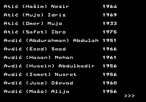 599.5 Ati (Haim) Nezir 1964 Ati (Mujo) Idriz 1969 Ati (Omer) Mujo 1933 Ati (Safet) Ibro 1975 Avdi (Abdurahman) Abdulah 1951 Avdi (Esed) Sead 1966 Avdi (Hasan) Mehan 1961 Avdi (Husein) Abdulkadir 1956 Avdi (Ismet) Nusret 1956 Avdi (Juso) Devad 1960 Avdi (Mao) Alija 1956    