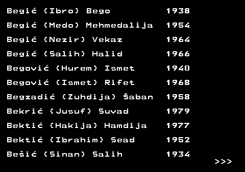 599.8 Begi (Ibro) Bego 1938 Begi (Medo) Mehmedalija 1954 Begi (Nezir) Vekaz 1964 Begi (Salih) Halid 1966 Begovi (Hurem) Ismet 1940 Begovi (Ismet) Rifet 1968 Begzadi (Zuhdija) aban 1958 Bekri (Jusuf) Suvad 1979 Bekti (Hakija) Hamdija 1977 Bekti (Ibrahim) Sead 1952 Bei (Sinan) Salih 1934    