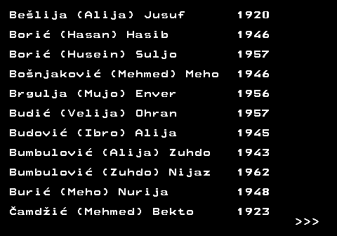 599.9 Belija (Alija) Jusuf 1920 Bori (Hasan) Hasib 1946 Bori (Husein) Suljo 1957 Bonjakovi (Mehmed) Meho 1946 Brgulja (Mujo) Enver 1956 Budi (Velija) Ohran 1957 Budovi (Ibro) Alija 1945 Bumbulovi (Alija) Zuhdo 1943 Bumbulovi (Zuhdo) Nijaz 1962 Buri (Meho) Nurija 1948 amdi (Mehmed) Bekto 1923    