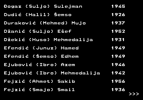 599.12 ogaz (Suljo) Sulejman 1945 Dudi (Halil) emso 1926 Durakovi (Mehmed) Mujo 1937 Dani (Suljo) Eef 1952 Deki (Huso) Mehmedalija 1931 Efendi (Junuz) Hamed 1949 Efendi (emso) Edhem 1949 Ejubovi (Ibro) Azem 1946 Ejubovi (Ibro) Mehmedalija 1942 Fejzi (Ahmet) Sakib 1956 Fejzi (Smajo) Smail 1936    