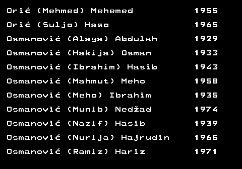 599.40 Ori (Mehmed) Mehemed 1955 Ori (Suljo) Haso 1965 Osmanovi (Alaga) Abdulah 1929 Osmanovi (Hakija) Osman 1933 Osmanovi (Ibrahim) Hasib 1943 Osmanovi (Mahmut) Meho 1958 Osmanovi (Meho) Ibrahim 1935 Osmanovi (Munib) Nedad 1974 Osmanovi (Nazif) Hasib 1939 Osmanovi (Nurija) Hajrudin 1965 Osmanovi (Ramiz) Hariz 1971