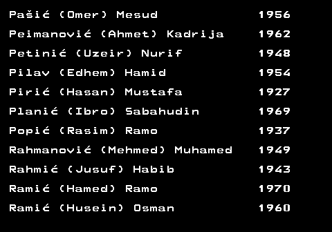 599.41 Pai (Omer) Mesud 1956 Peimanovi (Ahmet) Kadrija 1962 Petini (Uzeir) Nurif 1948 Pilav (Edhem) Hamid 1954 Piri (Hasan) Mustafa 1927 Plani (Ibro) Sabahudin 1969 Popi (Rasim) Ramo 1937 Rahmanovi (Mehmed) Muhamed 1949 Rahmi (Jusuf) Habib 1943 Rami (Hamed) Ramo 1970 Rami (Husein) Osman 1960