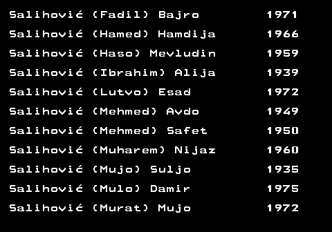 599.44 Salihovi (Fadil) Bajro 1971 Salihovi (Hamed) Hamdija 1966 Salihovi (Haso) Mevludin 1959 Salihovi (Ibrahim) Alija 1939 Salihovi (Lutvo) Esad 1972 Salihovi (Mehmed) Avdo 1949 Salihovi (Mehmed) Safet 1950 Salihovi (Muharem) Nijaz 1960 Salihovi (Mujo) Suljo 1935 Salihovi (Mulo) Damir 1975 Salihovi (Murat) Mujo 1972