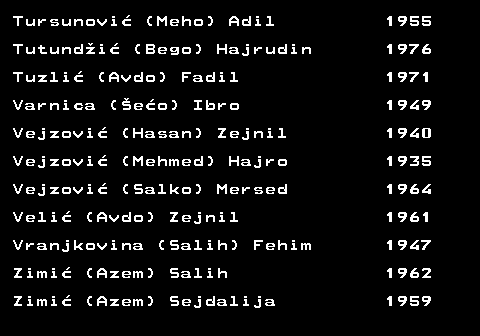 599.51 Tursunovi (Meho) Adil 1955 Tutundi (Bego) Hajrudin 1976 Tuzli (Avdo) Fadil 1971 Varnica (eo) Ibro 1949 Vejzovi (Hasan) Zejnil 1940 Vejzovi (Mehmed) Hajro 1935 Vejzovi (Salko) Mersed 1964 Veli (Avdo) Zejnil 1961 Vranjkovina (Salih) Fehim 1947 Zimi (Azem) Salih 1962 Zimi (Azem) Sejdalija 1959