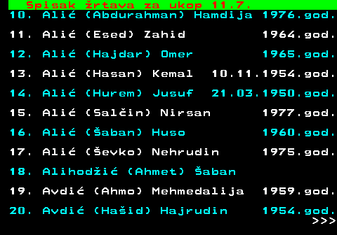 599.55 Spisak rtava za ukop 11.7. 10. Ali (Abdurahman) Hamdija 1976.god. 11. Ali (Esed) Zahid 1964.god. 12. Ali (Hajdar) Omer 1965.god. 13. Ali (Hasan) Kemal 10.11.1954.god. 14. Ali (Hurem) Jusuf 21.03.1950.god. 15. Ali (Salin) Nirsan 1977.god. 16. Ali (aban) Huso 1960.god. 17. Ali (evko) Nehrudin 1975.god. 18. Alihodi (Ahmet) aban 19. Avdi (Ahmo) Mehmedalija 1959.god. 20. Avdi (Haid) Hajrudin 1954.god.    