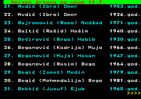 599.56 Spisak rtava za ukop 11.7. 21. Avdi (Ibro) Omer 1953.god. 22. Avdi (Ibro) Omer 1926.god. 23. Bajramovi (Ramo) Nedad 1971.god. 24. Balti (Raid) Haim 1940.god. 25. Beirovi (Bego) Habib 1930.god. 26. Beganovi (Kadrija) Mujo 1966.god. 27. Beganovi (Mujo) Hasan 1947.god. 28. Beganovi (Rasim) Bego 1964.god. 29. Begi (Ismet) Medin 1979.god. 30. Begi (Mehmedalija) Bego 1981.god. 31. Bekti (Jusuf) Ejub 1965.god.     