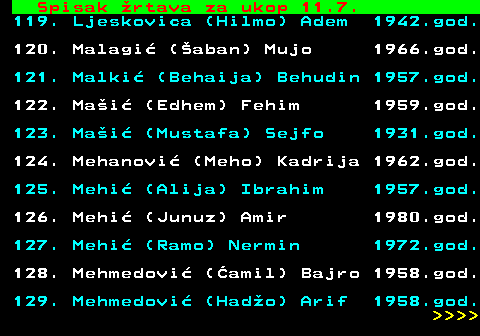 599.65 Spisak rtava za ukop 11.7. 119. Ljeskovica (Hilmo) Adem 1942.god. 120. Malagi (aban) Mujo 1966.god. 121. Malki (Behaija) Behudin 1957.god. 122. Mai (Edhem) Fehim 1959.god. 123. Mai (Mustafa) Sejfo 1931.god. 124. Mehanovi (Meho) Kadrija 1962.god. 125. Mehi (Alija) Ibrahim 1957.god. 126. Mehi (Junuz) Amir 1980.god. 127. Mehi (Ramo) Nermin 1972.god. 128. Mehmedovi (amil) Bajro 1958.god. 129. Mehmedovi (Hado) Arif 1958.god.     