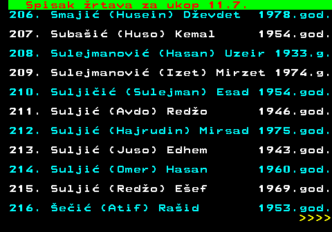 599.73 Spisak rtava za ukop 11.7. 206. Smaji (Husein) Devdet 1978.god. 207. Subai (Huso) Kemal 1954.god. 208. Sulejmanovi (Hasan) Uzeir 1933.g. 209. Sulejmanovi (Izet) Mirzet 1974.g. 210. Suljii (Sulejman) Esad 1954.god. 211. Sulji (Avdo) Redo 1946.god. 212. Sulji (Hajrudin) Mirsad 1975.god. 213. Sulji (Juso) Edhem 1943.god. 214. Sulji (Omer) Hasan 1960.god. 215. Sulji (Redo) Eef 1969.god. 216. ei (Atif) Raid 1953.god.     